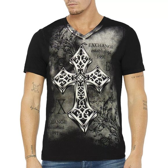 EXCHANGE Other - NWT EXCHANGE BIG CROSS TATTOO MEN'S BLACK V-NECK SHORT SLEEVE T-SHIRT SIZE M L